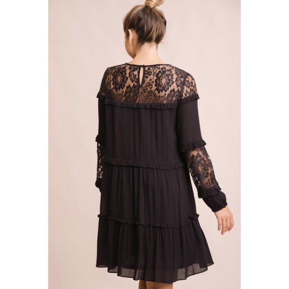 Lace Detail Balloon Sleeve Black Dress - Picture 2 of 6